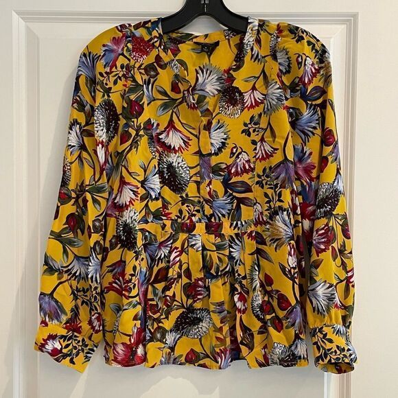 EUC J. CREW Autumn Silk Pleated Popover Top in Gold Floral Print Sz. Small - Picture 1 of 5